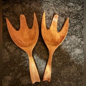 Mid Century Danish Modern Teak Salad Fork Hands Serving Utensils